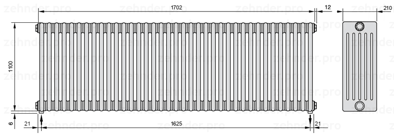Схема (чертеж) Радиатор Zehnder Charleston 6110/37 №3570 Белый глянцевый RAL 9016